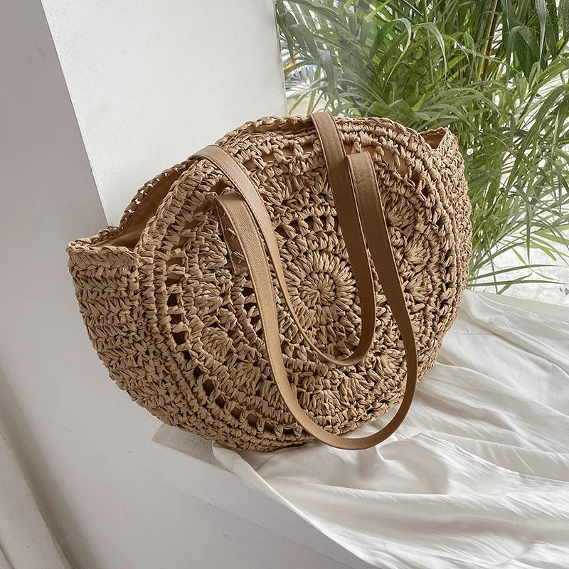 Handmade Woven Straw Beach Bag - Large Capacity Rattan Shoulder Tote for Women