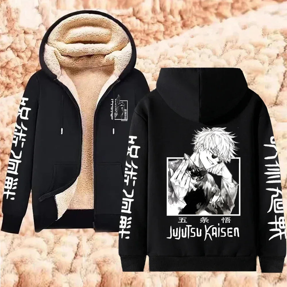 Jujutsu Kaisen Warm Zipper Jacket Gojo Satoru Anime Thicken Hoodie Men Women Lamb Wool Casual Long Sleeve Sweatshirts Streetwear