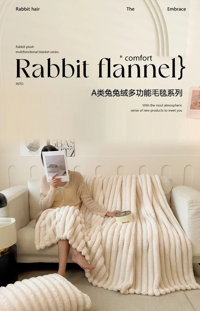 Artificial Rabbit Plush Blanket - Soft Coral Fleece Throw for Bed Sofa - ZOOMNSTORE