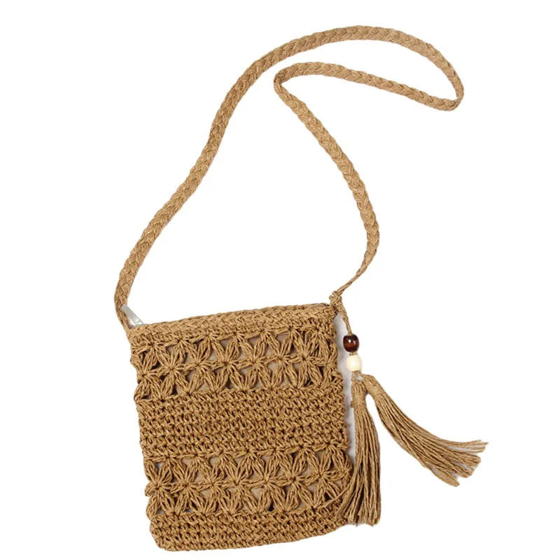 Half Moon Rattan Crossbody Bag - Handmade Woven Straw Beach Bag for Women