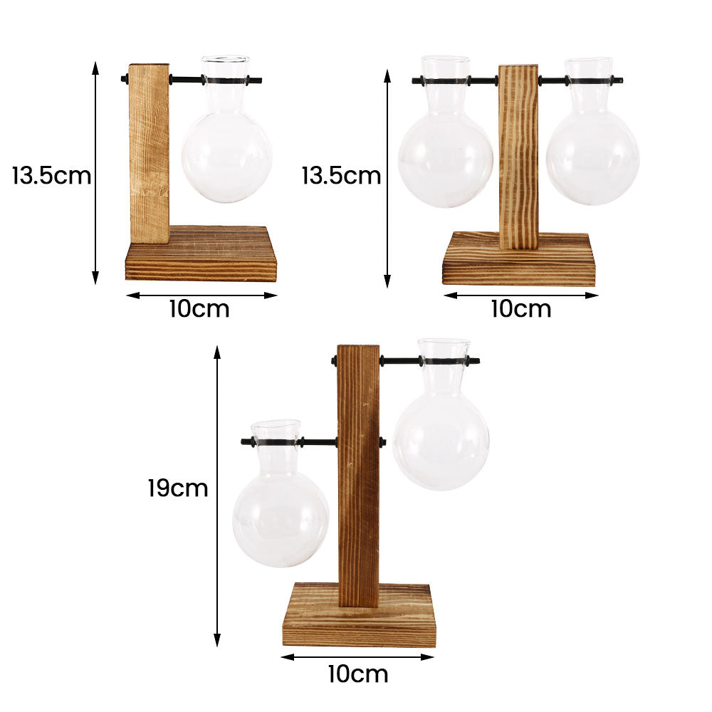 Glass Desktop Planter with Wooden Stand - Hydroponic Bulb Vase for Home Decor