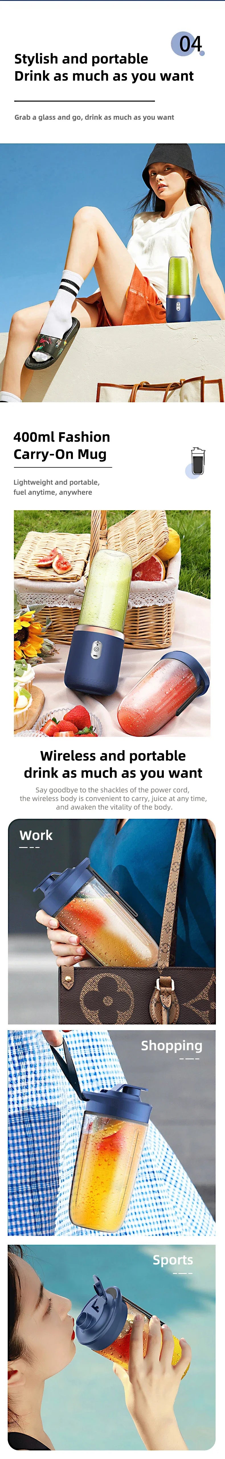 Portable USB Fruit Juicer Blender - 2 Cups 6 Blades Wireless Mixer