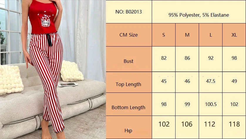 2PCS/Set Homewear Printed Suspender Pants Comfortable Casual Sexy Women Striped Bear Pajamas Plus Size Elastic Waist Loungewear
