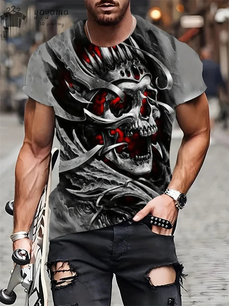 Mens Oversized 3D Skull Print T-Shirt - Summer Horror Fashion Tee - ZOOMNSTORE