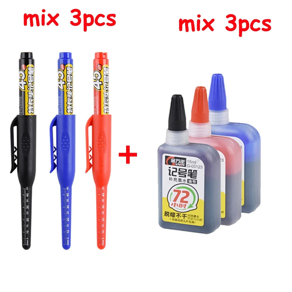 Multi-Purpose 45mm Deep Hole Marker Pens - Waterproof Long Nib Carpenter Pens for Woodworking and Bathroom Use