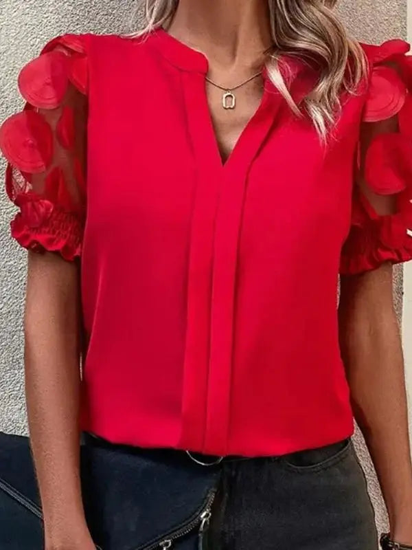 Women's Sexy V-Neck Puff Sleeve Blouse Semi-Sheer Mesh Panels Short Sleeve Summer Top Solid Red Machine Washable for Spring