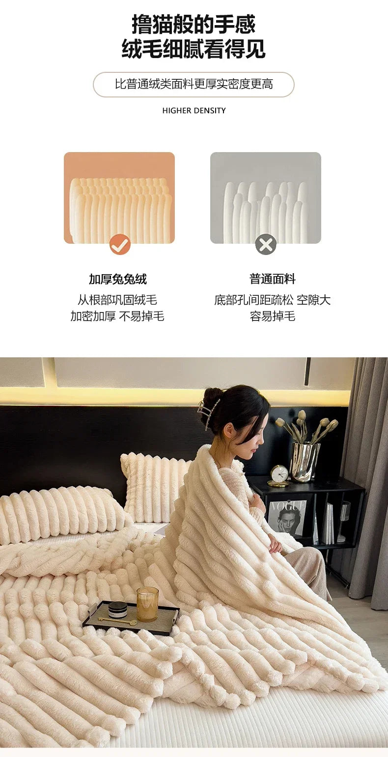 Artificial Rabbit Plush Blanket - Soft Coral Fleece Throw for Bed Sofa - ZOOMNSTORE