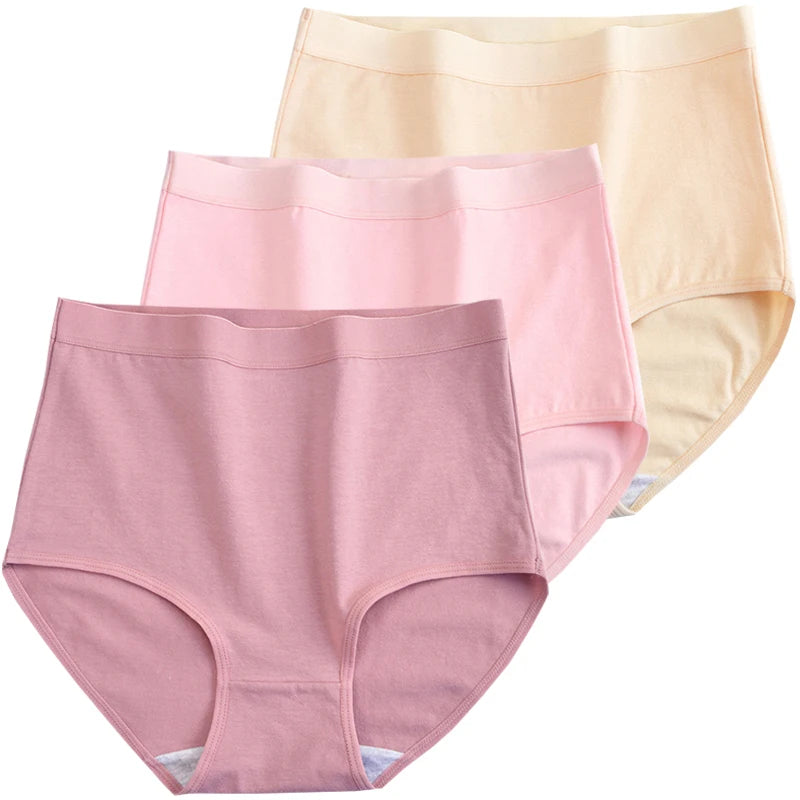 3pcs Cotton Women Panties Lady Plus Size Underwear Large Size High Waist Briefs Breathable Solid Color Female Lingerie