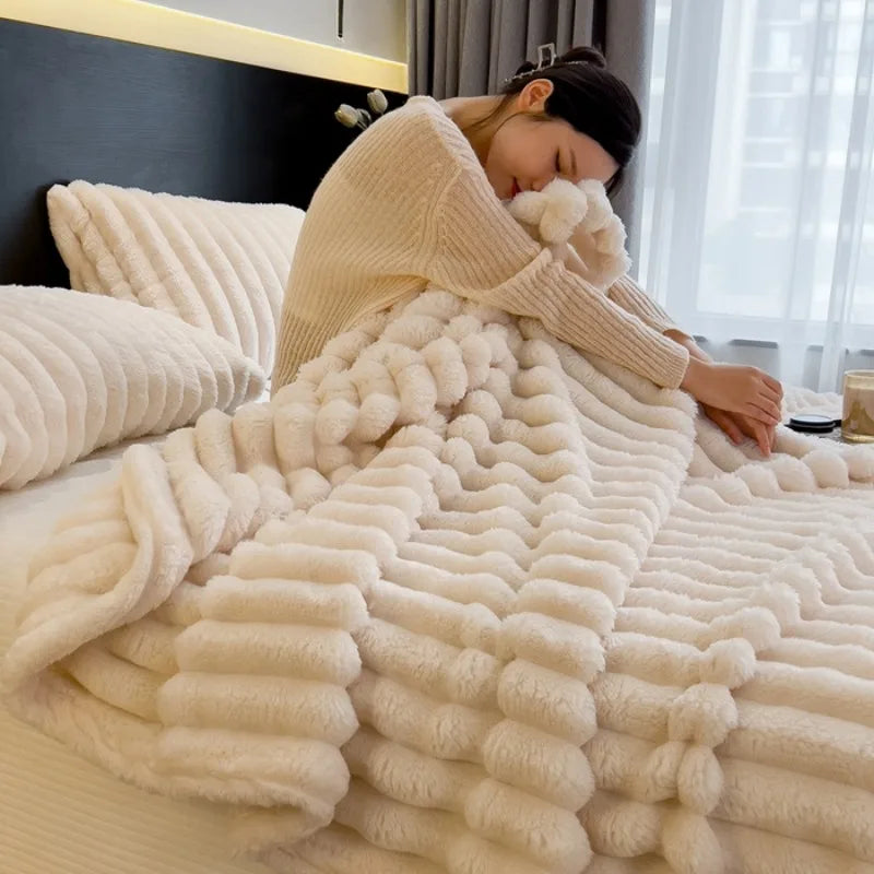 Artificial Rabbit Plush Blanket - Soft Coral Fleece Throw for Bed Sofa - ZOOMNSTORE