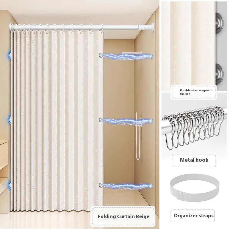Folding Linen Shower Curtain - Waterproof with Magnets for Walk-in Showers - ZOOMNSTORE