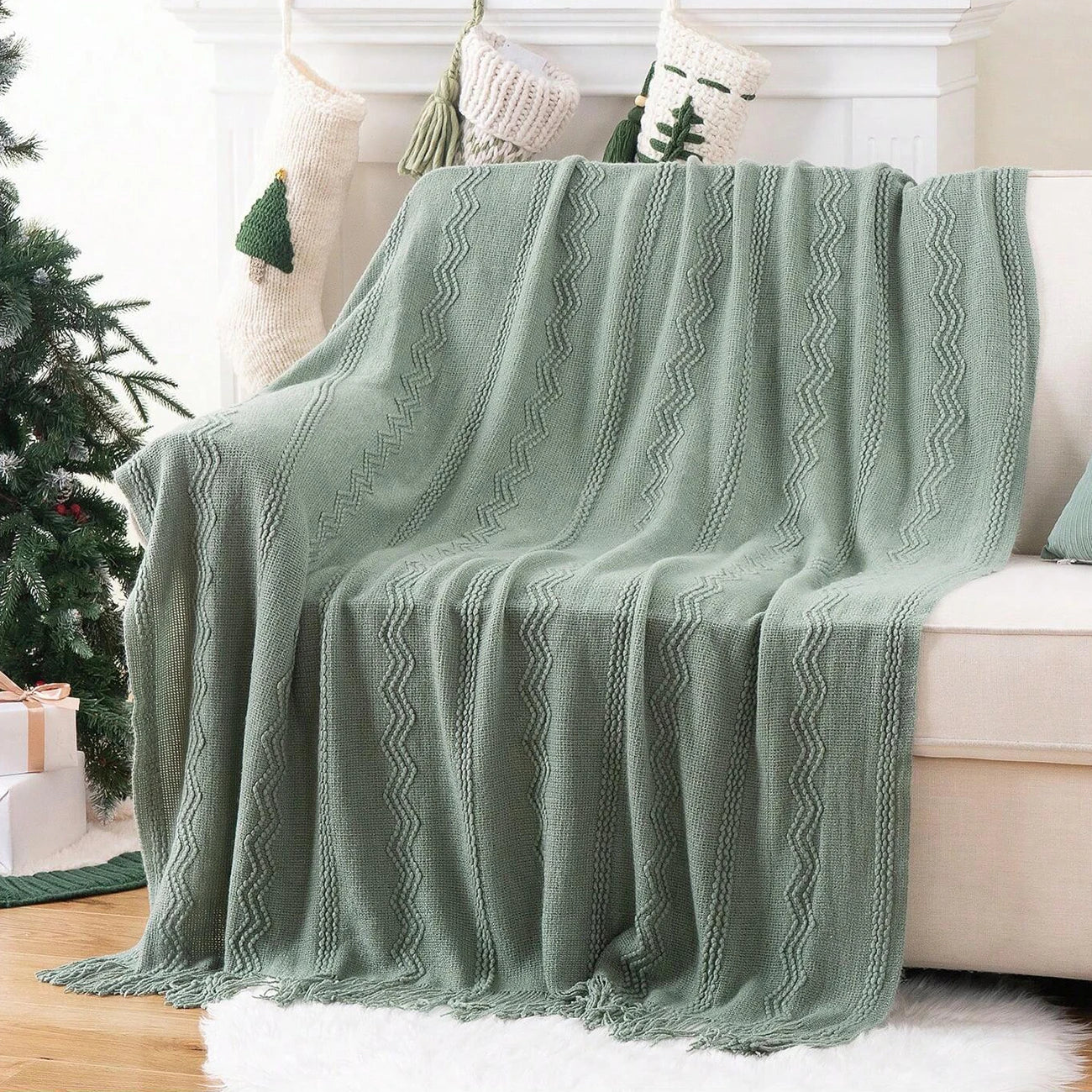 Caramel Knit Throw Blanket - Lightweight Plaid Blanket for Couch and Bed