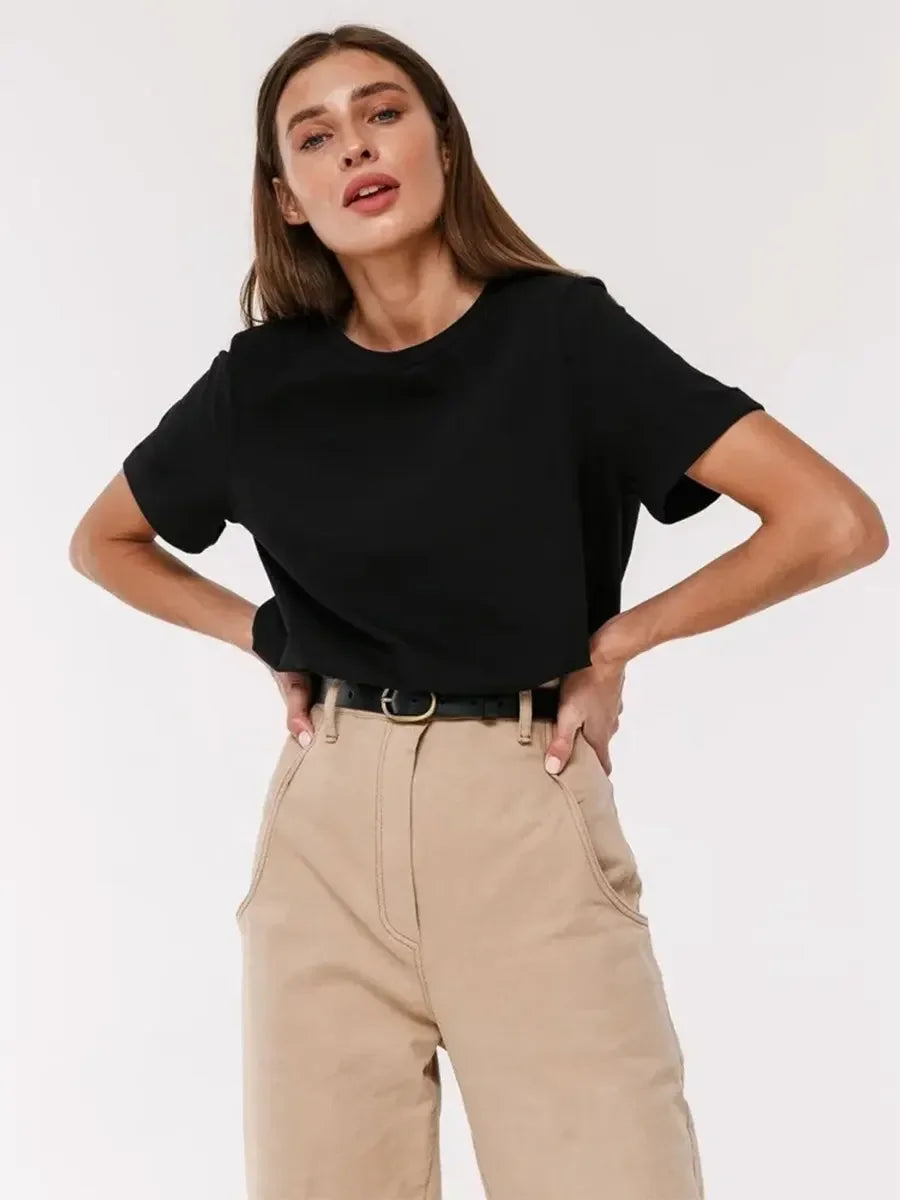 Cotton Womens T-Shirt - Summer Short Sleeve Loose Basic Top