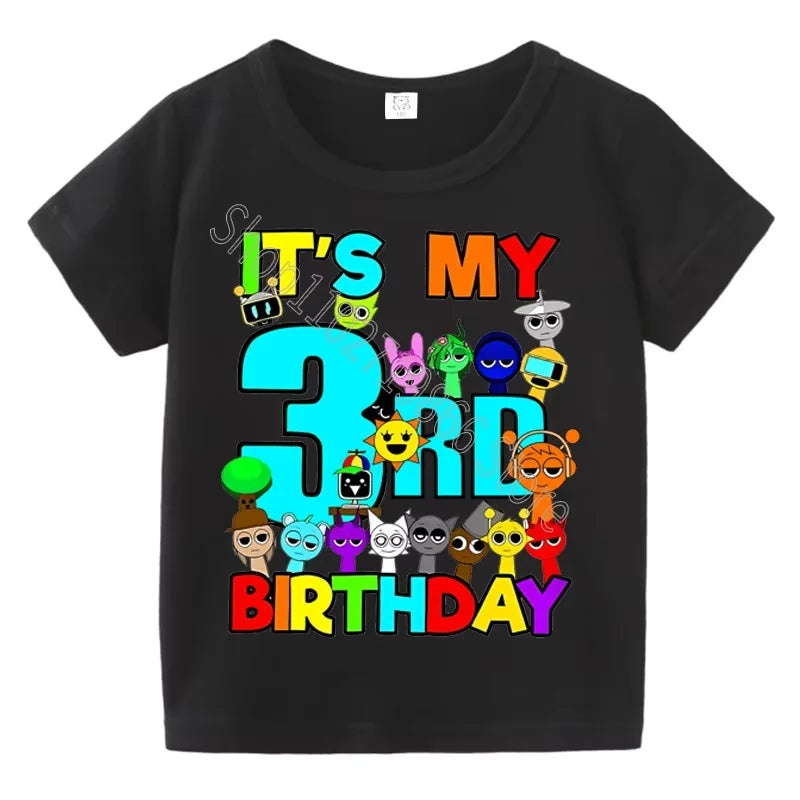 Kids Birthday Cute Cartoon Characters Graphic T-Shirt, Soft Cotton Crew Neck Tee, Casual Party Wear for Boys & Girlsdf0019