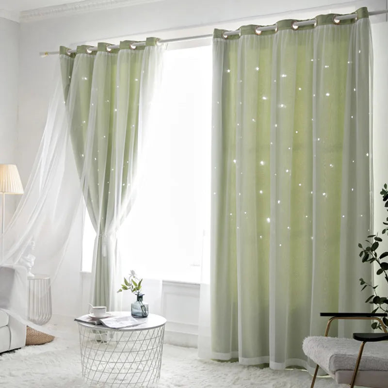 Double Layer Sheer Kids Curtains - Romantic Star Design Drapes for Living Room Bedroom - ZOOMNSTORE