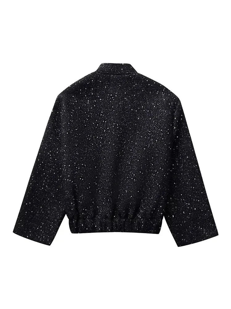 Shiny Sequin Jacket - Y2K Gold Stand Collar Coat for Women - ZOOMNSTORE