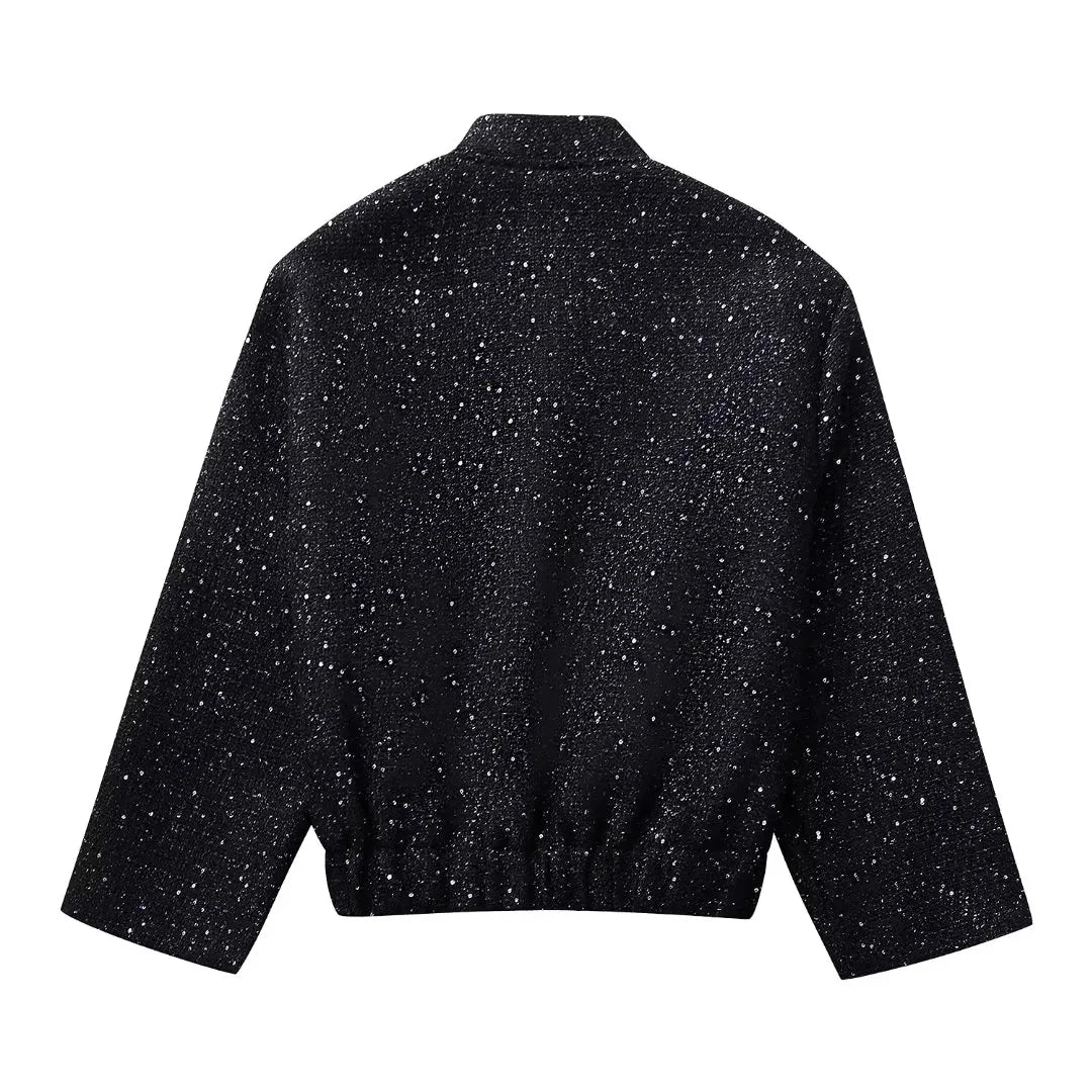 Shiny Sequin Jacket - Y2K Gold Stand Collar Coat for Women - ZOOMNSTORE