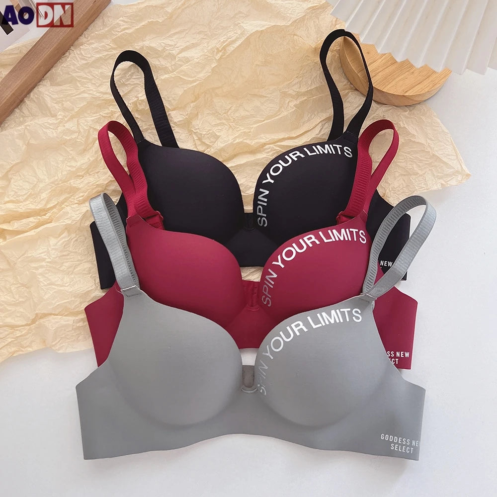 Simplicity Letters Printed Bra Sexy Deep V Thin Women's Lingerie Seamless Cup Surface Bralette No steel rings gather Brassiere - ZOOMNSTORE