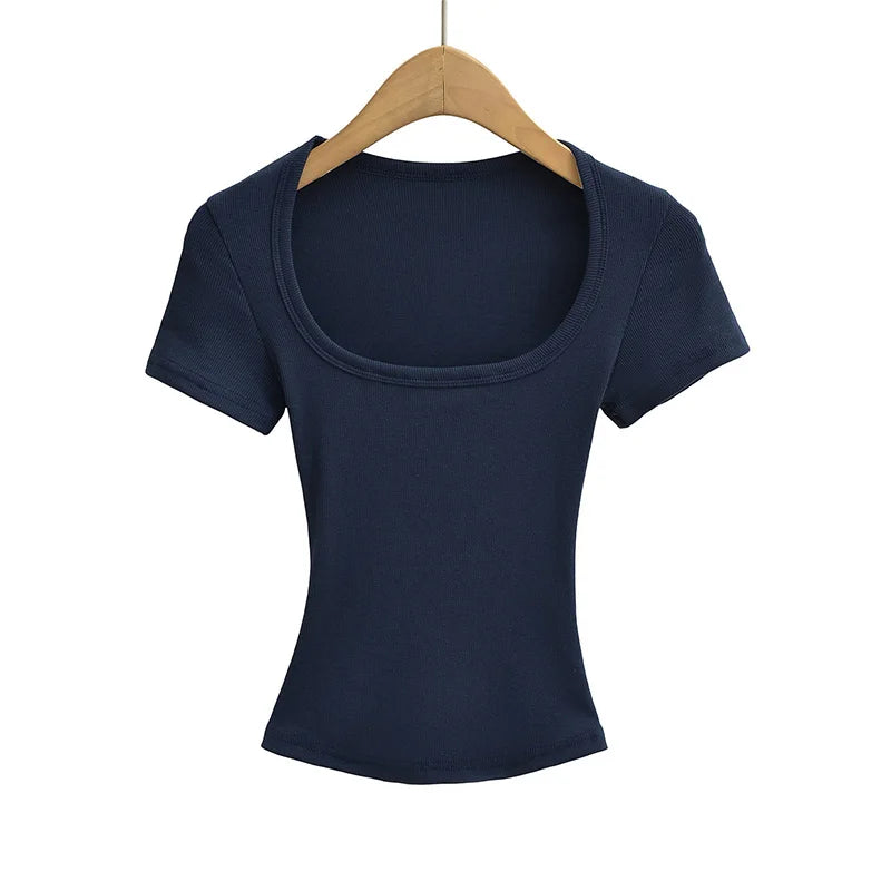 Summer Square Neck Crop Top - Womens High Elasticity Short Sleeve Pullover - ZOOMNSTORE