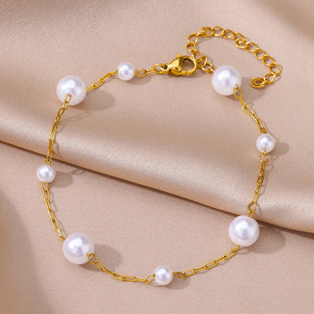 Stainless Steel Imitation Pearl Anklet - Gold Color Beach Accessories for Women - ZOOMNSTORE