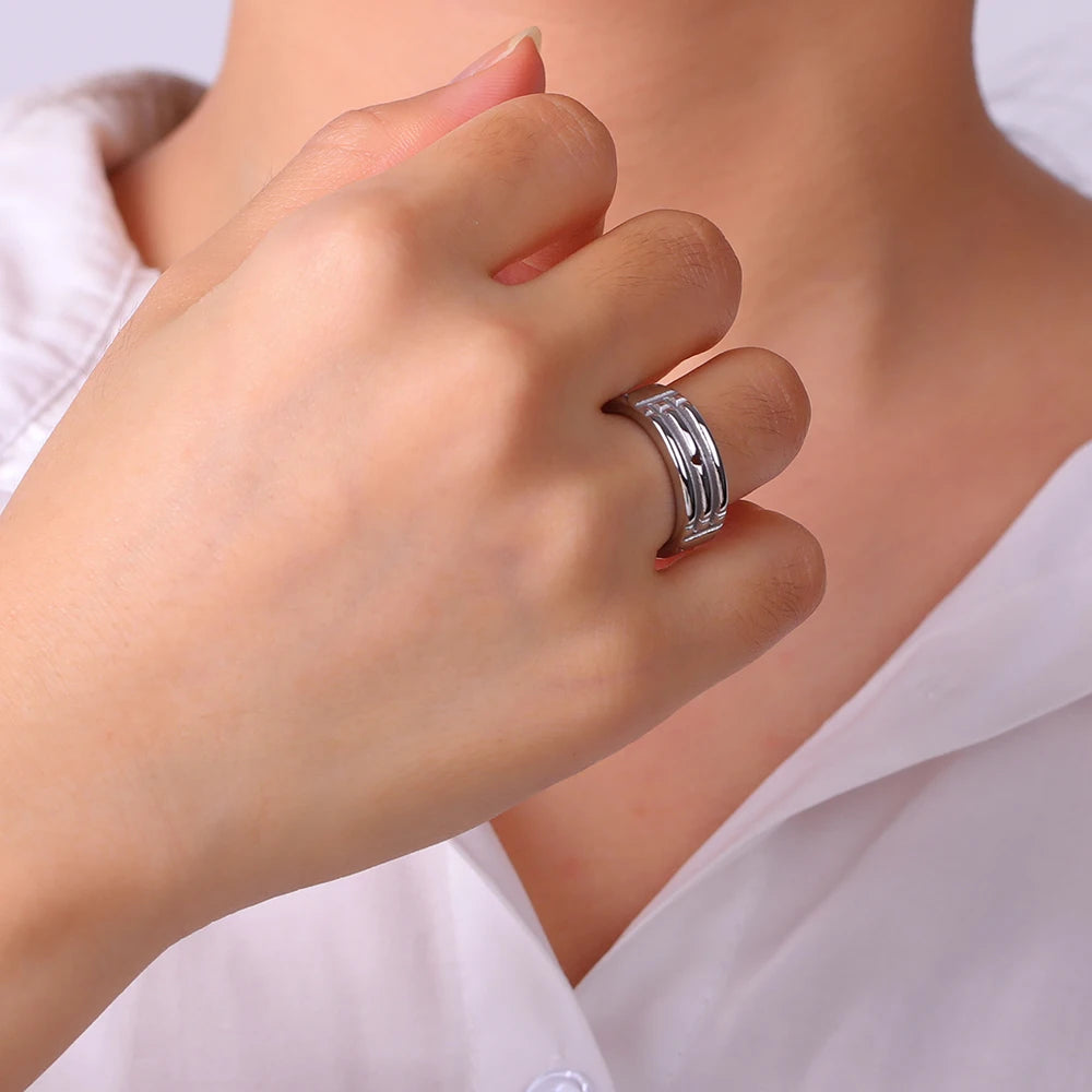 Teamer Amulet Atlantis Ring Stainless Steel Wide Fashion Minimalist Rings for Men Women Couple Wedding Anniversary Jewelry Gift - ZOOMNSTORE