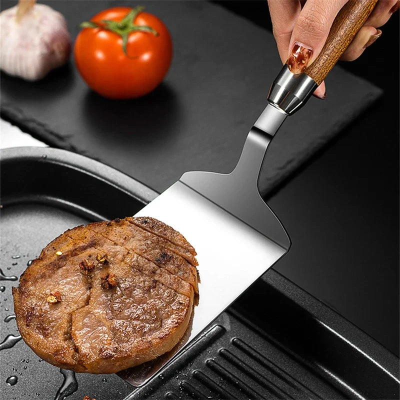 Stainless Steel BBQ Turner - Square Head Spatula with Wood Handle for Cooking - ZOOMNSTORE