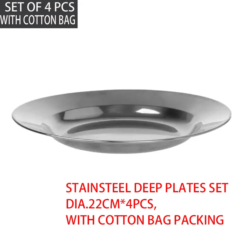 Stainless Steel Camping Plates - 20cm Round Metal Dish Set with Cotton Bag for BBQ Snacks and Salad 4 Pack - ZOOMNSTORE