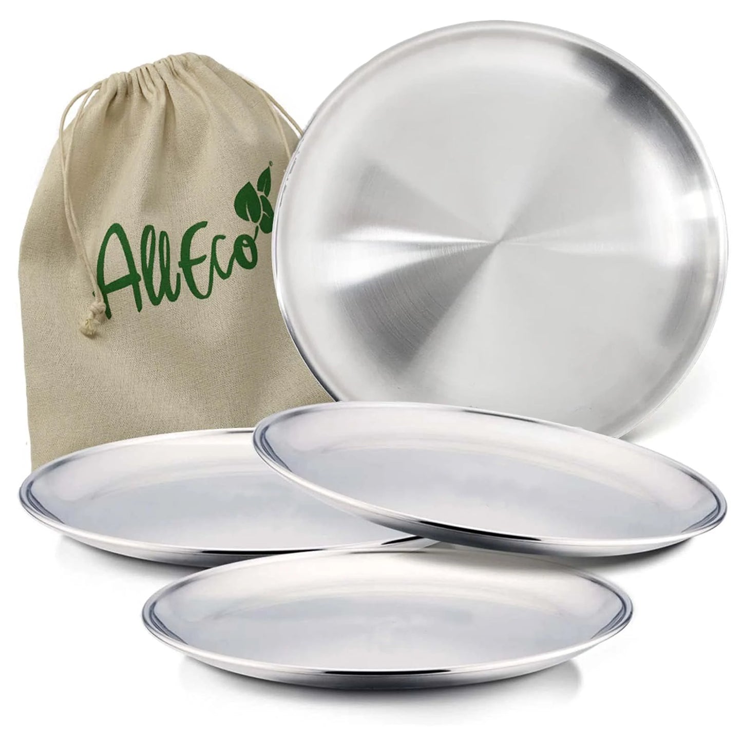 Stainless Steel Camping Plates - 20cm Round Metal Dish Set with Cotton Bag for BBQ Snacks and Salad 4 Pack - ZOOMNSTORE
