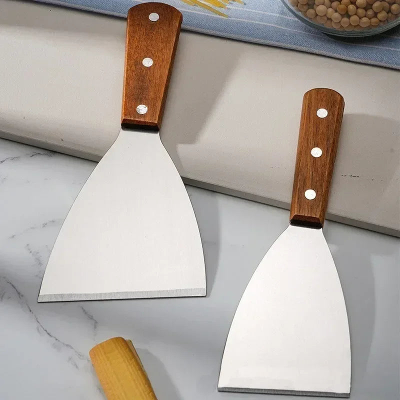 Stainless Steel Oblique Spatula with Wooden Handle - Versatile Kitchen Scraper for Steak Burger Pancake Pizza and Barbecue - ZOOMNSTORE