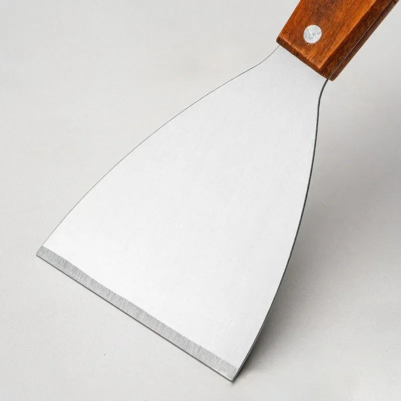 Stainless Steel Oblique Spatula with Wooden Handle - Versatile Kitchen Scraper for Steak Burger Pancake Pizza and Barbecue - ZOOMNSTORE