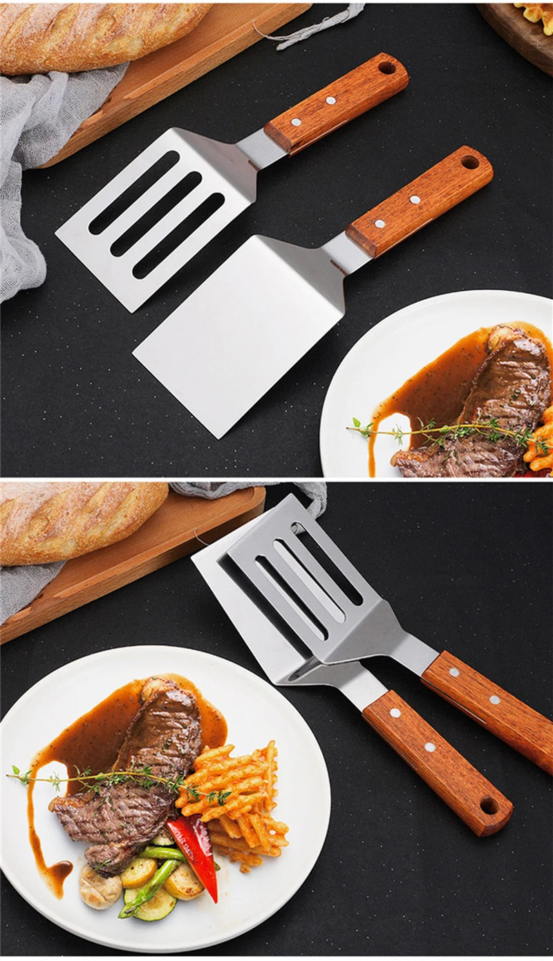 Stainless Steel Wooden Handle Spatula - Cooking BBQ Teppanyaki Tool - ZOOMNSTORE