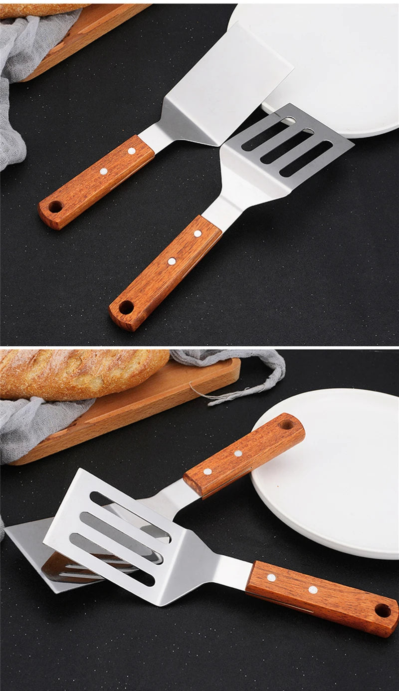 Stainless Steel Wooden Handle Spatula - Cooking BBQ Teppanyaki Tool - ZOOMNSTORE