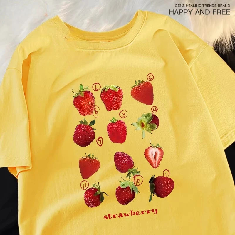 Strawberry Print Womens Summer T-Shirt - Harajuku Loose Fit Tee - ZOOMNSTORE