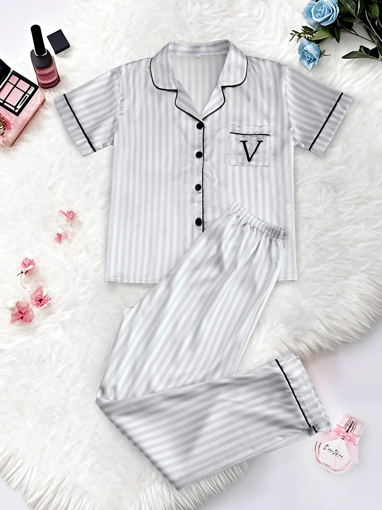 Classic Satin Pajama Set - Striped Short Sleeve with Pocket and Lapel Collar - ZOOMNSTORE