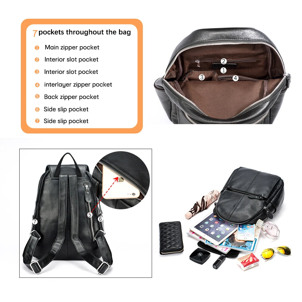 Stylish Black and White Leather Womens Backpack - Anti-Theft Large Capacity Travel Rucksack - ZOOMNSTORE