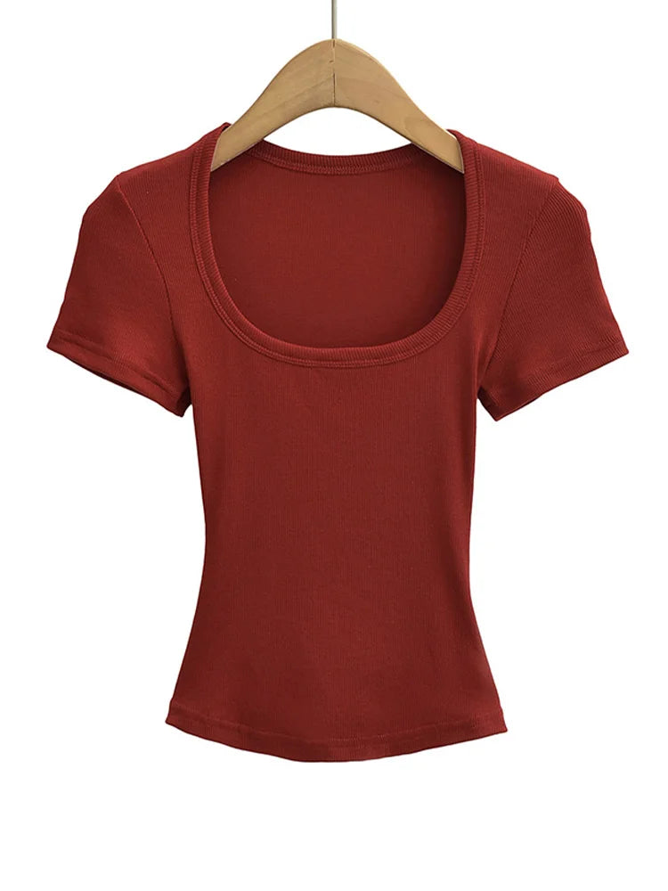 Summer Square Neck Crop Top - Womens High Elasticity Short Sleeve Pullover - ZOOMNSTORE