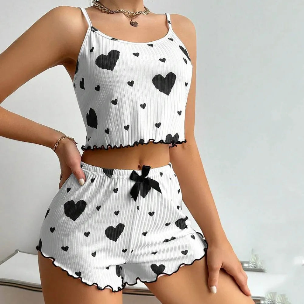 Summer Womens Pajama Set - Solid Color Polyester Sling Top Shorts - ZOOMNSTORE
