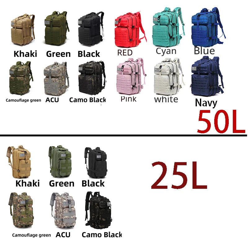 Tactical Waterproof Backpack - 25L50L Nylon Rucksack for Trekking Fishing Hunting Camping Hiking - ZOOMNSTORE