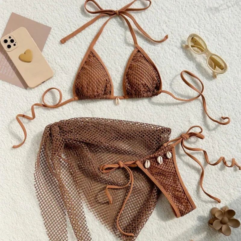 Three-Piece Womens Bikini Set - Sexy Beach Swimsuit for Pool Sun - ZOOMNSTORE