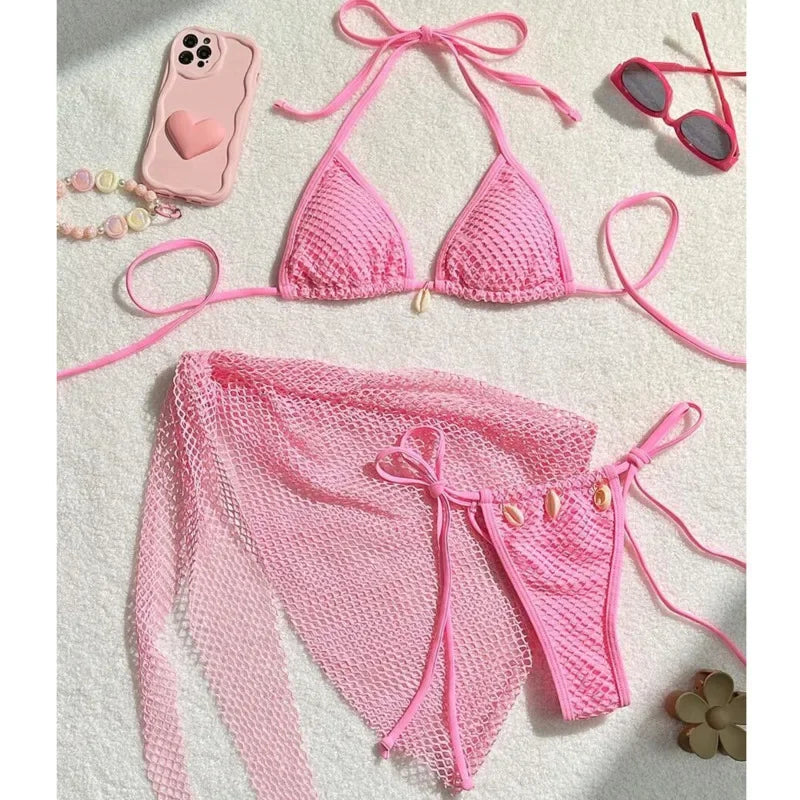 Three-Piece Womens Bikini Set - Sexy Beach Swimsuit for Pool Sun - ZOOMNSTORE