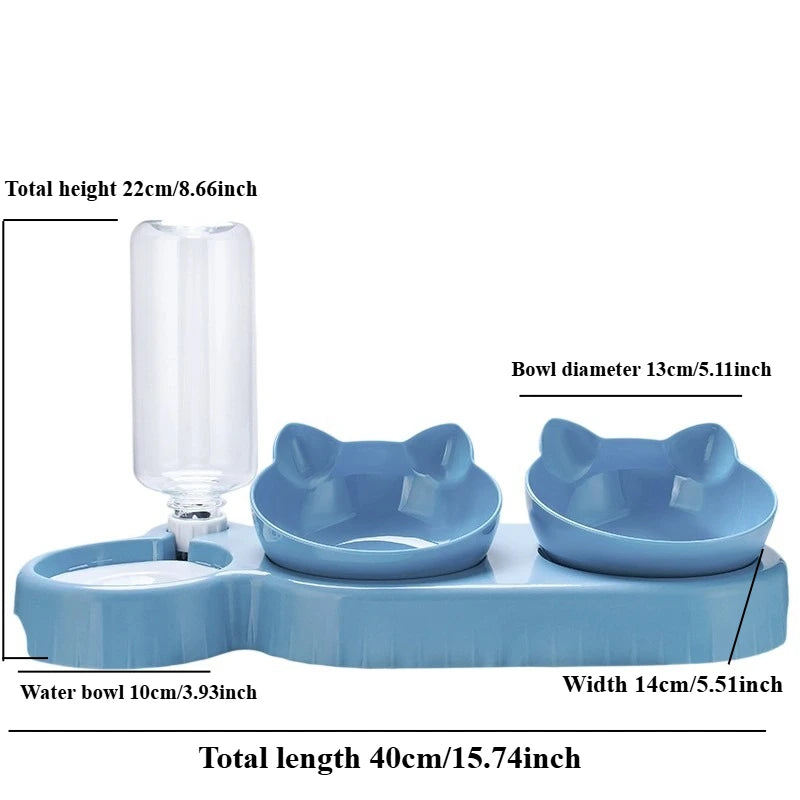 Tilted Cat Bowl Set - 3-in-1 Water Feeder with Gravity Bottle and Ear Design - ZOOMNSTORE