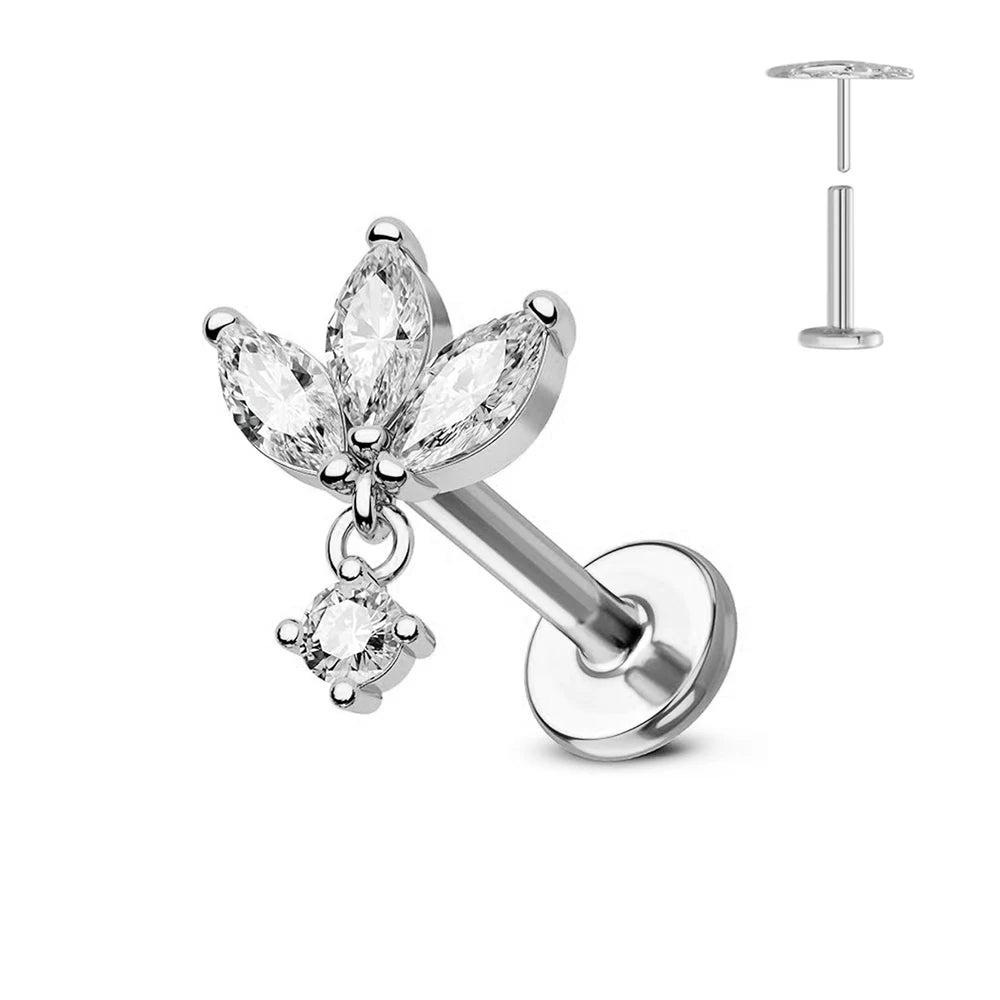 Titanium Threadless Earring - G23 Push Back Flower Petal Stud with Cubic Zirconia - ZOOMNSTORE