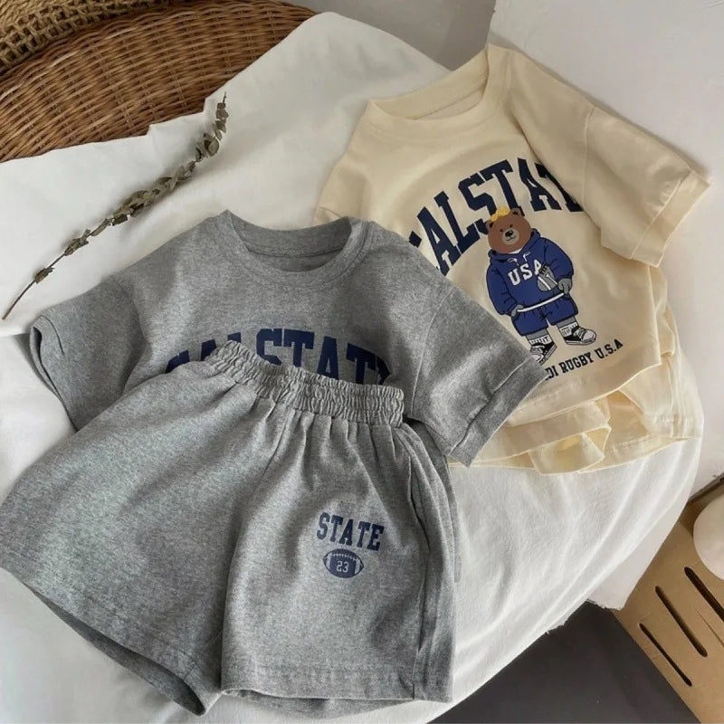 Toddler Girl Cotton Cartoon Bear T-Shirt Shorts Set - Summer Outfit - ZOOMNSTORE