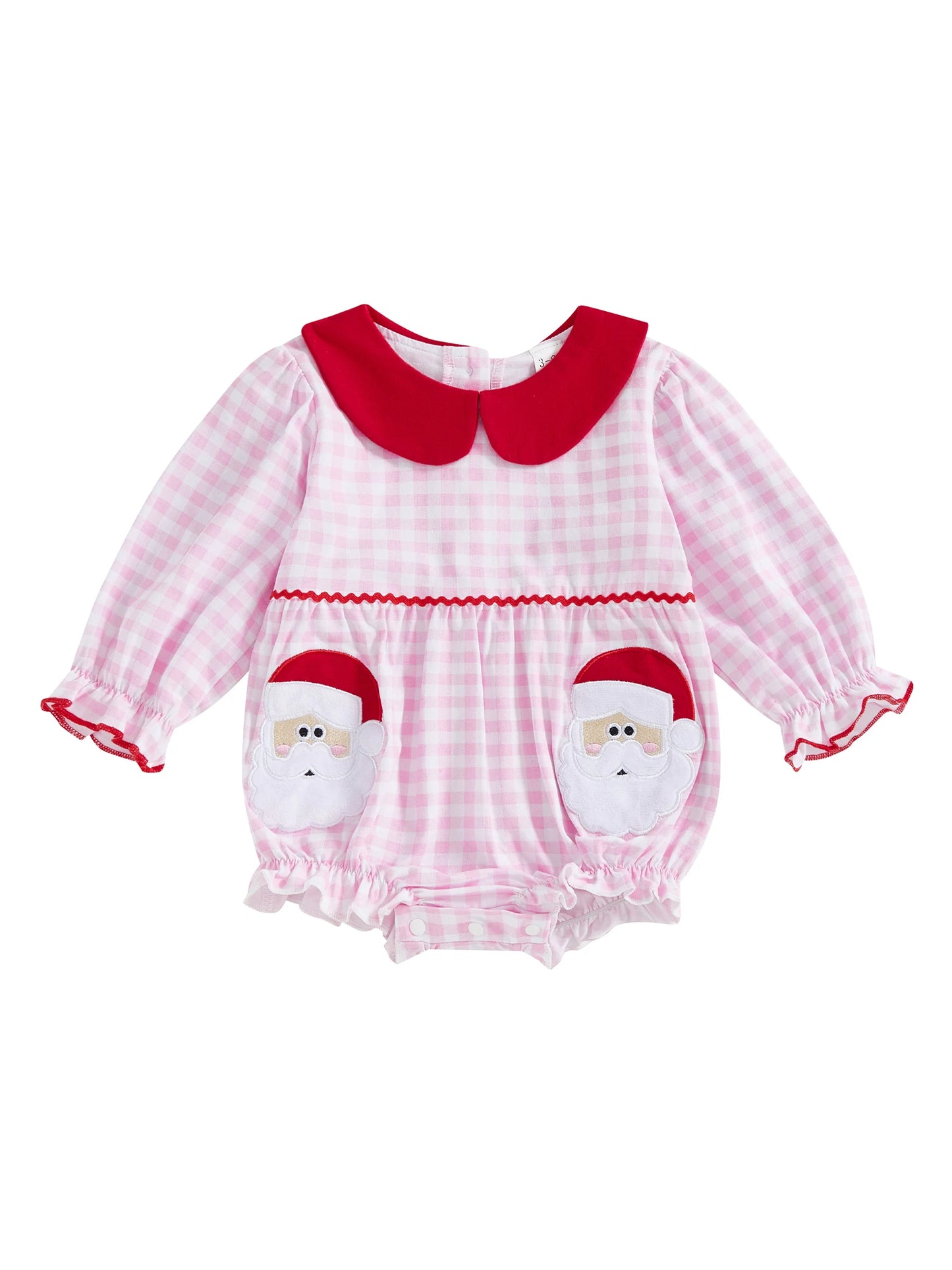 Toddler Girl Romper - Plaid Christmas Jumpsuit with Santa Claus Embroidery & Doll Collar - ZOOMNSTORE