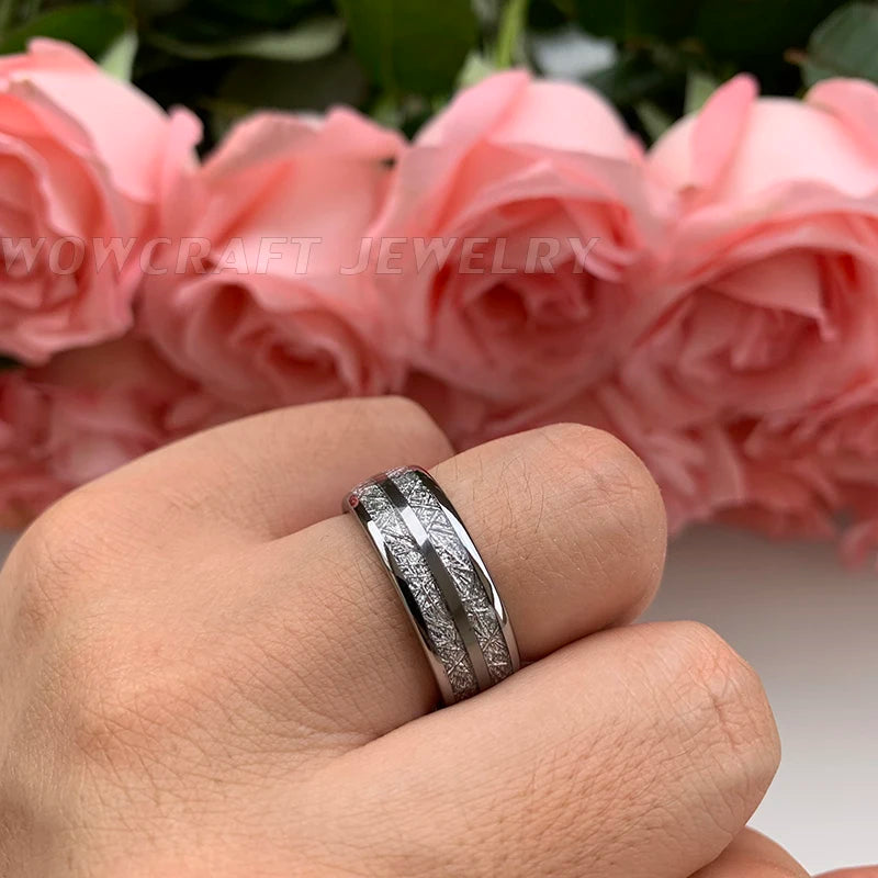 Tungsten Carbide Wedding Band - Domed Meteorite Inlay Comfort Fit Ring - ZOOMNSTORE