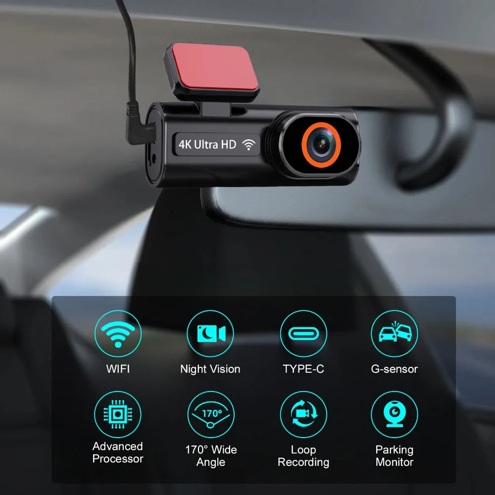 Ultra HD 4K Car Dash Cam - Mini WIFI DVR with 24H Parking Monitor Night Vision GPS Optional Rear View Camera - ZOOMNSTORE