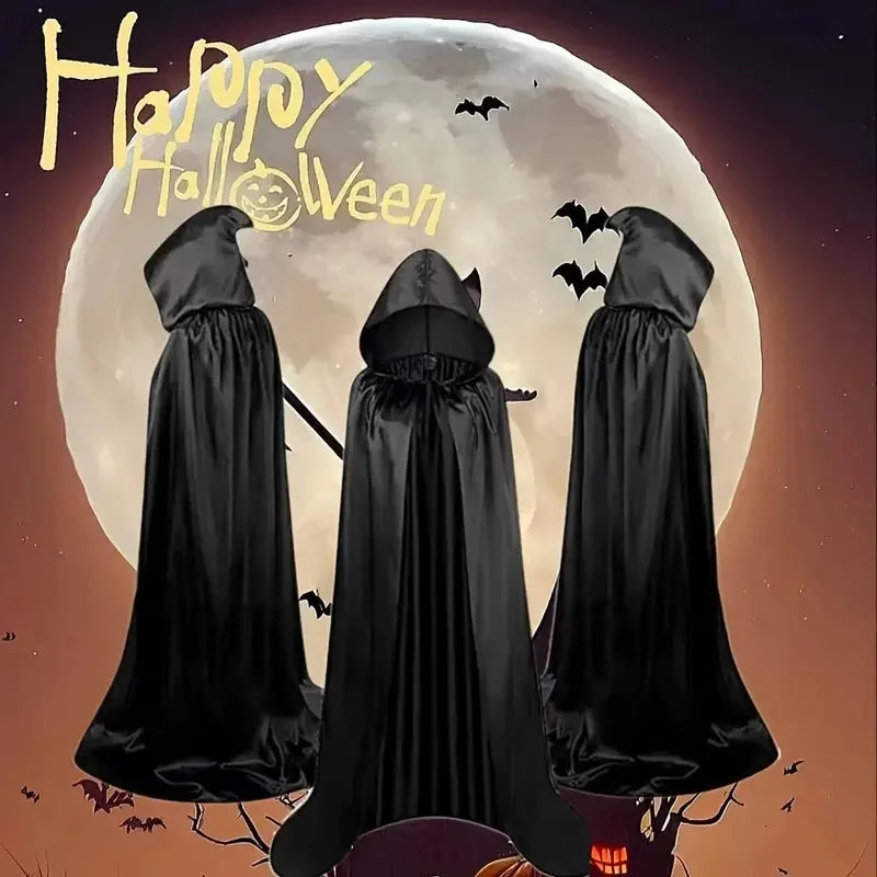 Halloween Cloak Soft Unisex Hooded Black Robe Witch Long Cape Cosplay Costume Prop Party Performance Supplies Holiday Decoration - ZOOMNSTORE
