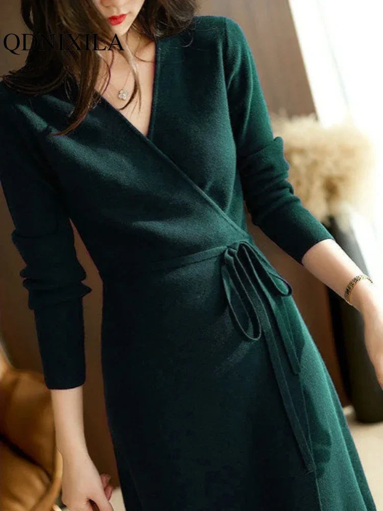V-neck Wrap Sweater Dress - Elegant Knitted Womens Dress for Autumn Winter - ZOOMNSTORE