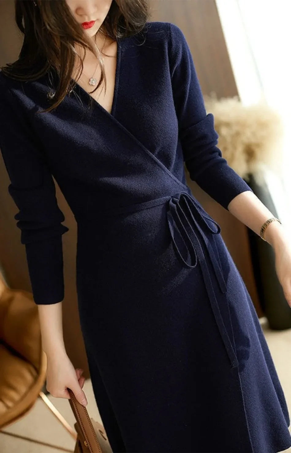 V-neck Wrap Sweater Dress - Elegant Knitted Womens Dress for Autumn Winter - ZOOMNSTORE