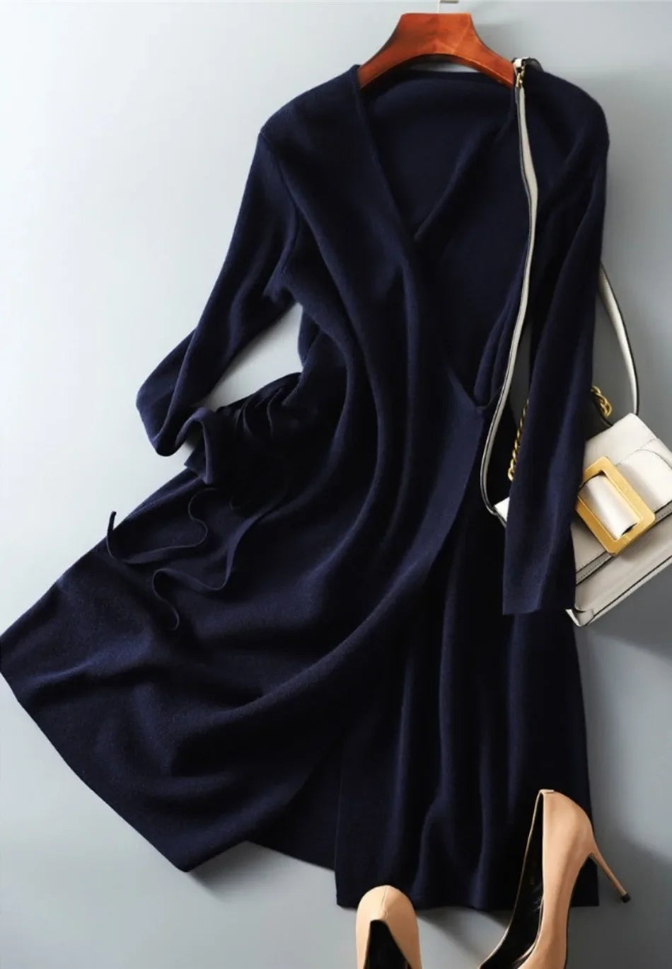V-neck Wrap Sweater Dress - Elegant Knitted Womens Dress for Autumn Winter - ZOOMNSTORE
