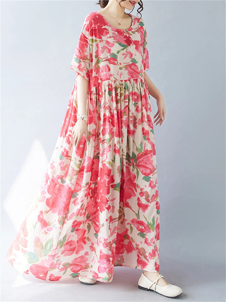 Vintage Boho Cotton Summer Dress - Casual Loose Print Holiday Dress for Women - ZOOMNSTORE